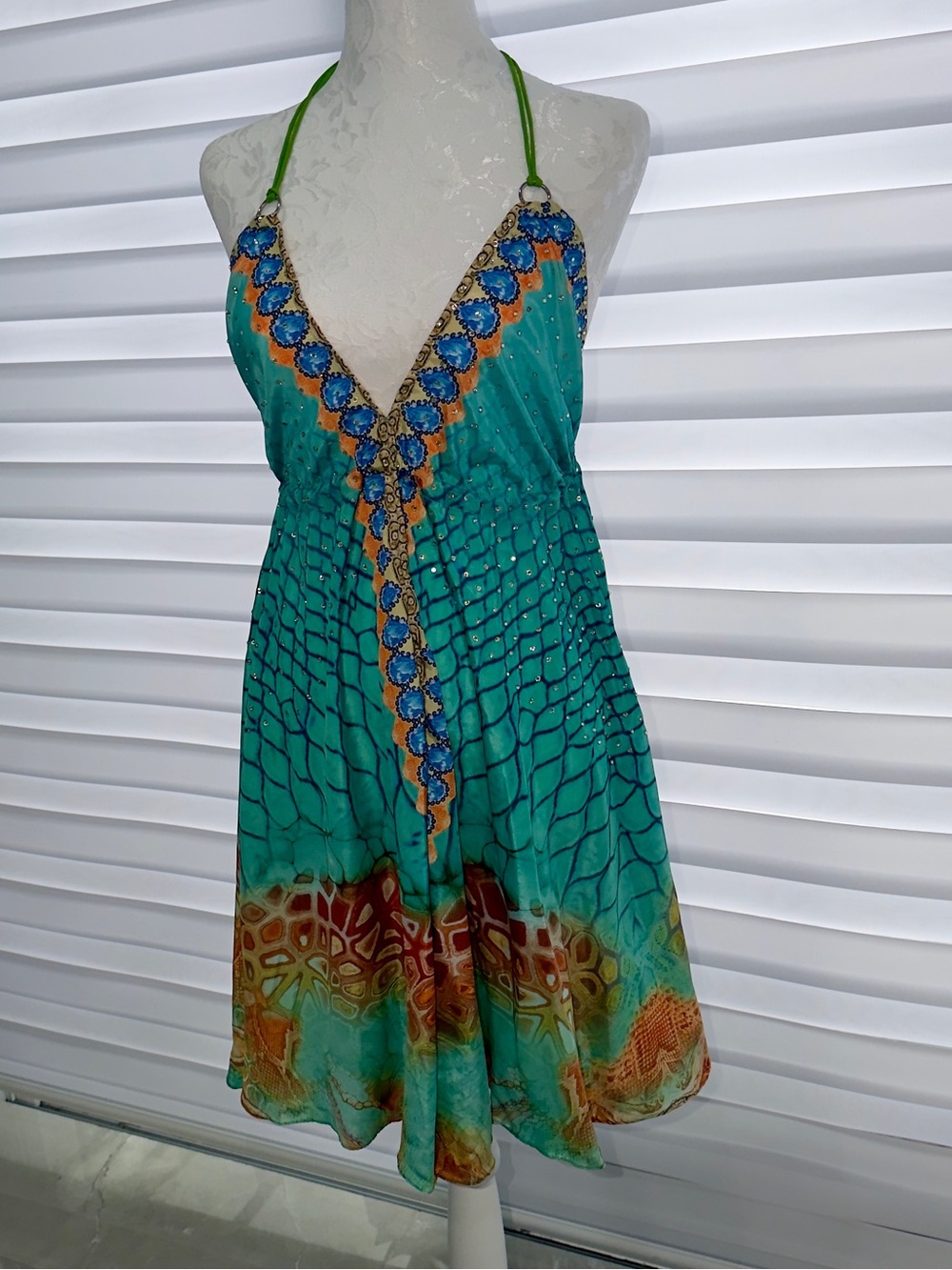 Women’s Teal Halter Summer Dress with Beaded Trim
